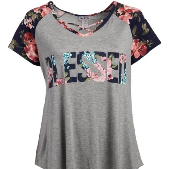 Heather Gray & Navy 'Blessed' Crisscross Top - Picture 2 of 4